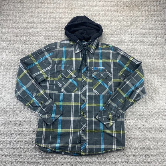 Burnside LMT Edition Shirt Men Medium Gray Blue Yellow Plaid Hooded Hoodie Surf - Picture 1 of 9